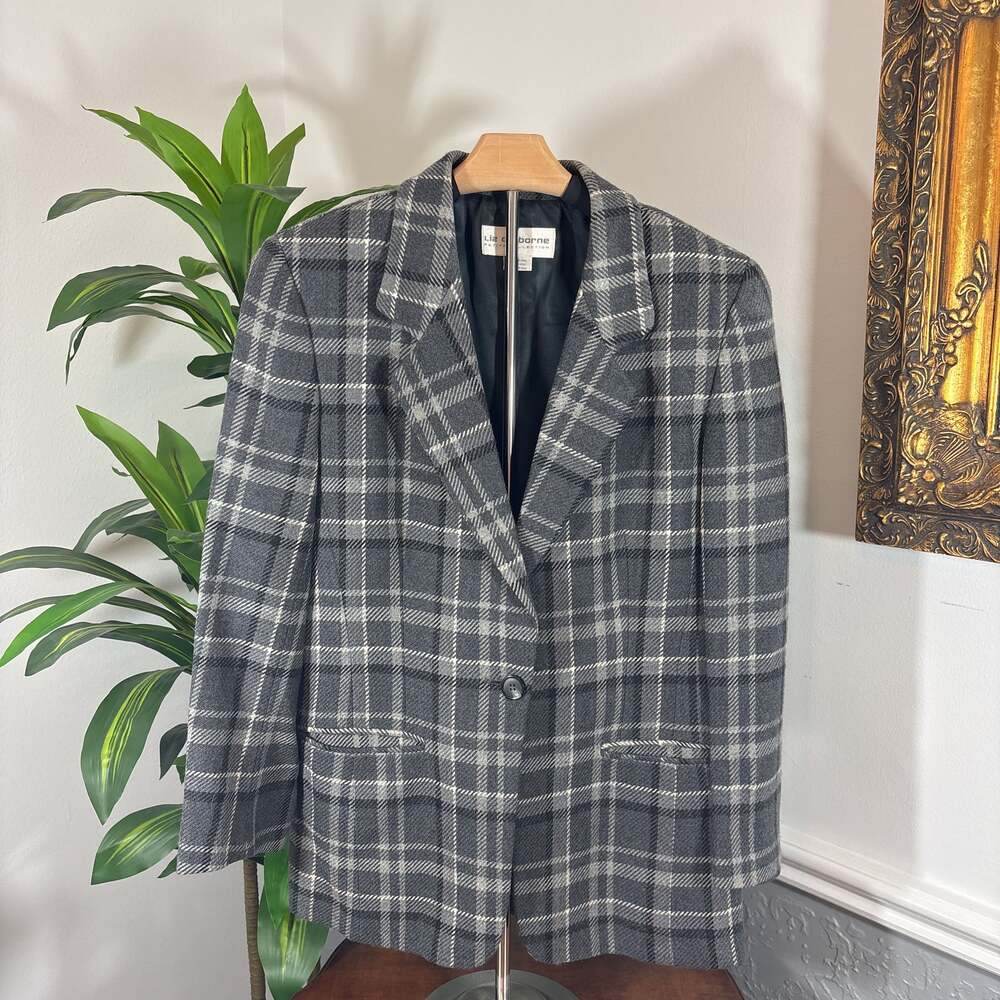 Vintage 90s Liz Claiborne Petite Collection Wool Gray Plaid Blazer Size 10P